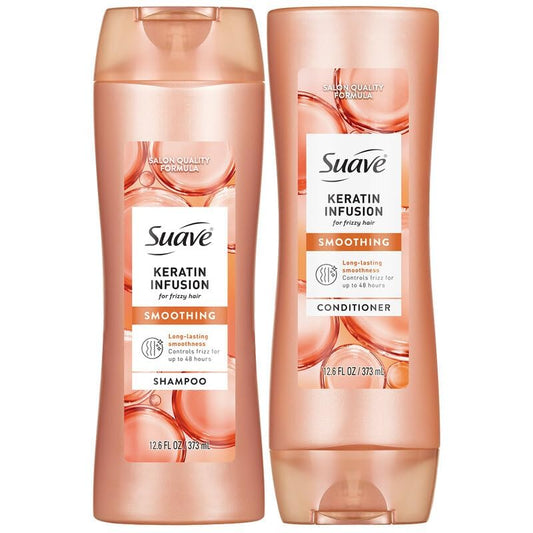 Suave keratin front packaging showing smoothing set and size