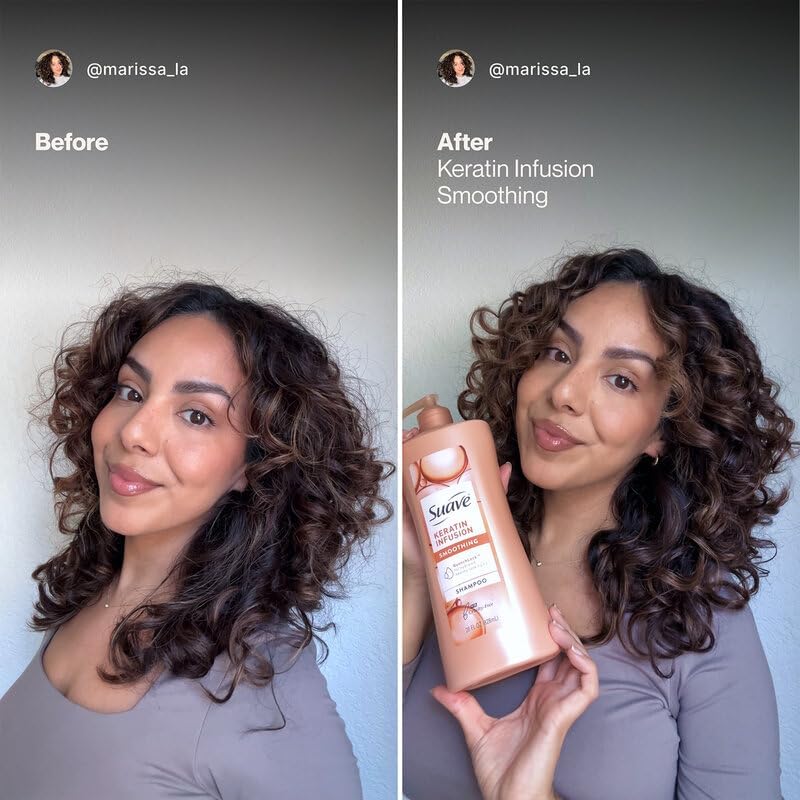Person styling hair after Suave keratin use showing sleeker finish