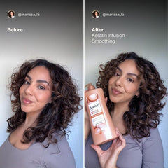Person styling hair after Suave keratin use showing sleeker finish