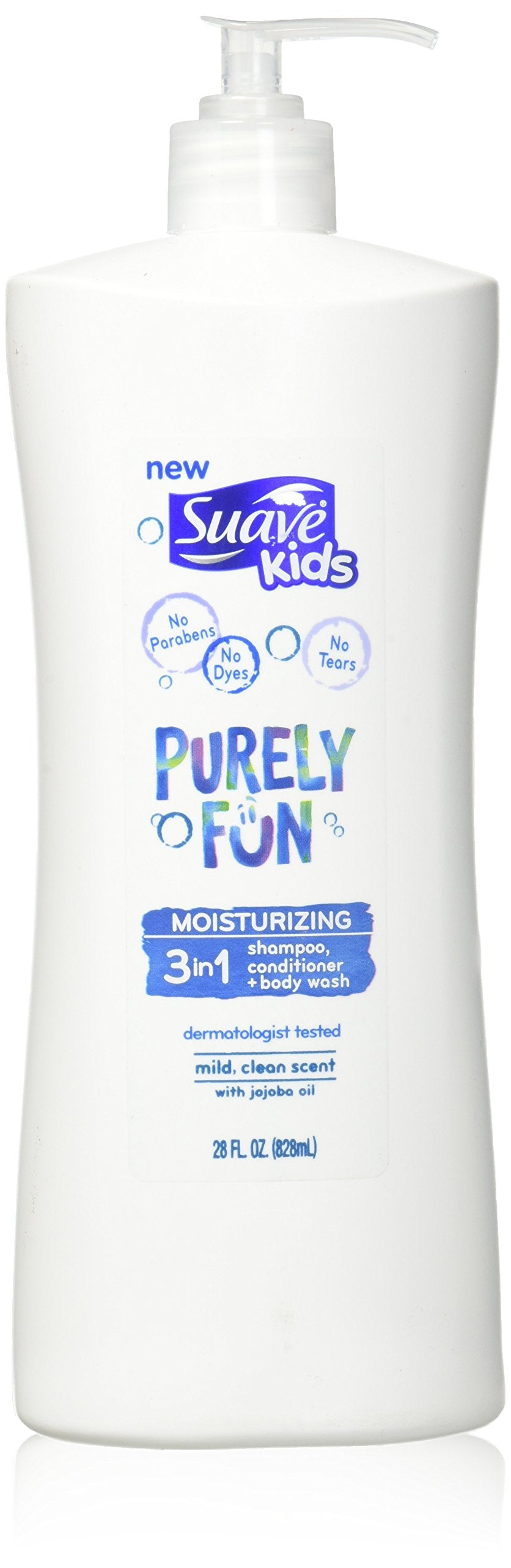 Suave kids 3-in-1 front bottle showing label and size, easy bath solution