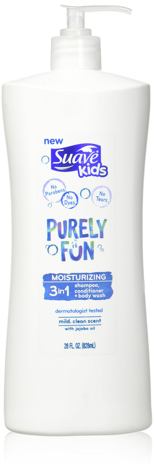 Suave kids 3-in-1 front bottle showing label and size, easy bath solution