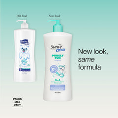 Suave bottle on bathroom shelf with kids items showing family‑friendly convenience benefit
