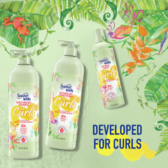 Suave Kids cream placed with matching shampoo and conditioner for a routine