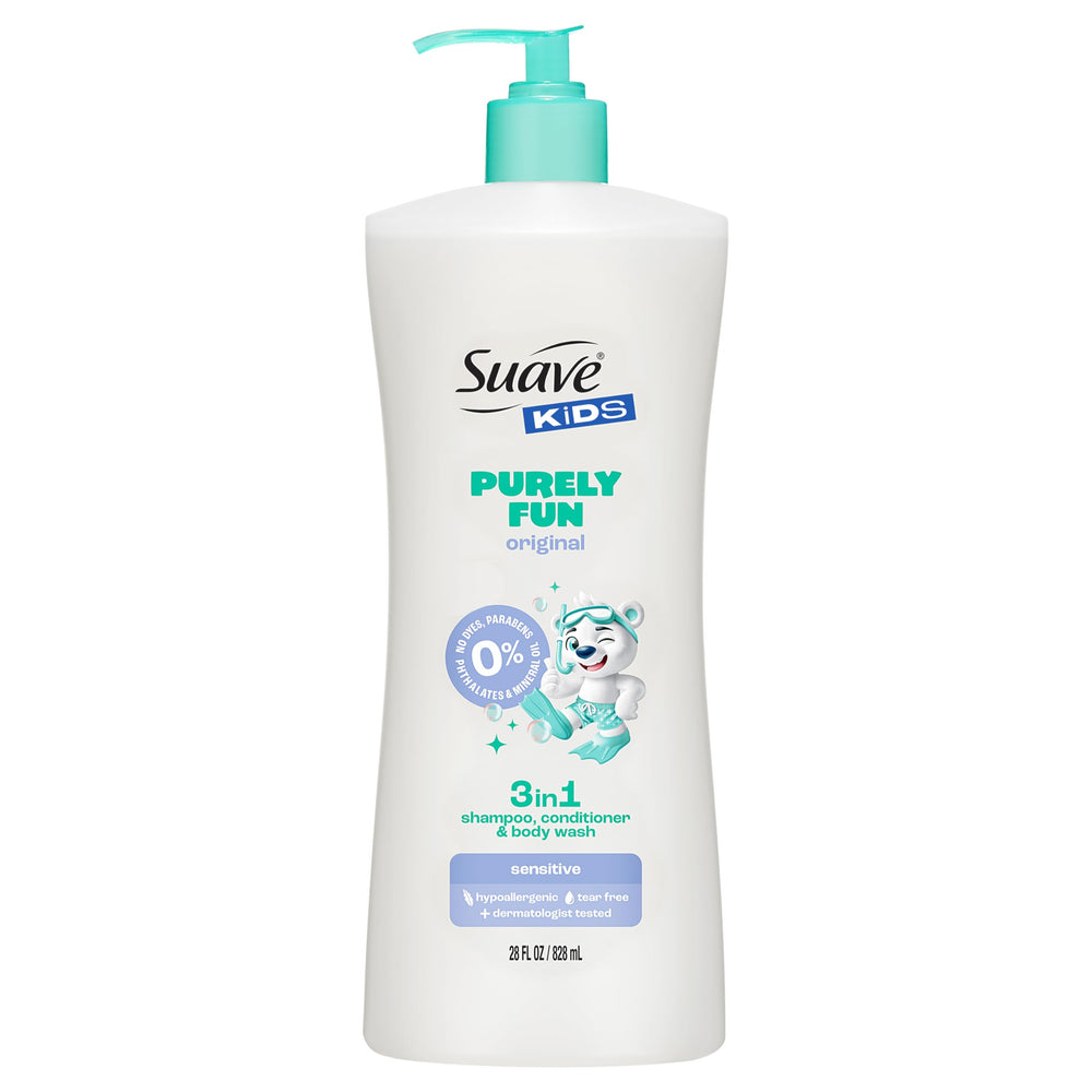 Suave bottle front packaging showing kids 3‑in‑1 and playful design benefits ease