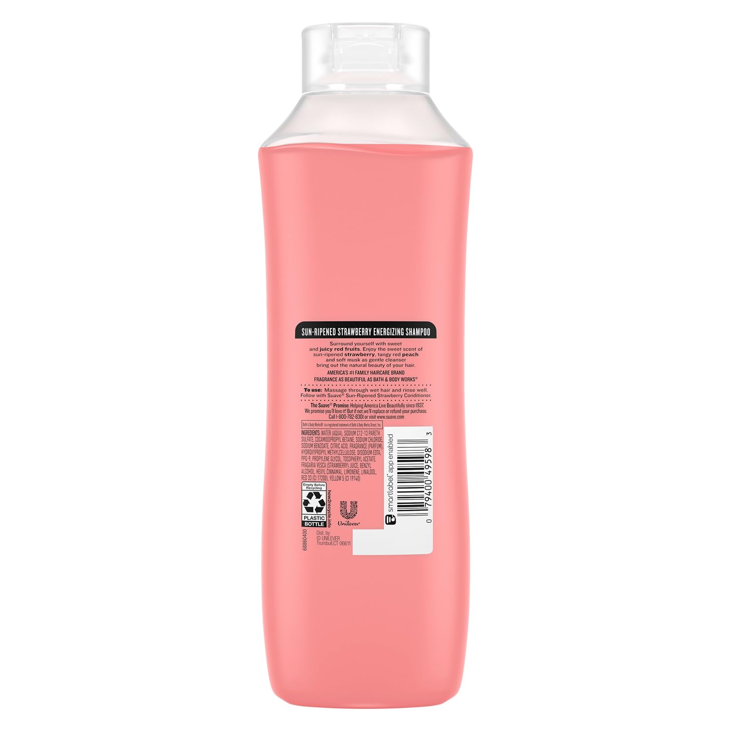 Suave bottle on bathroom sink showing fruity scent and display appeal