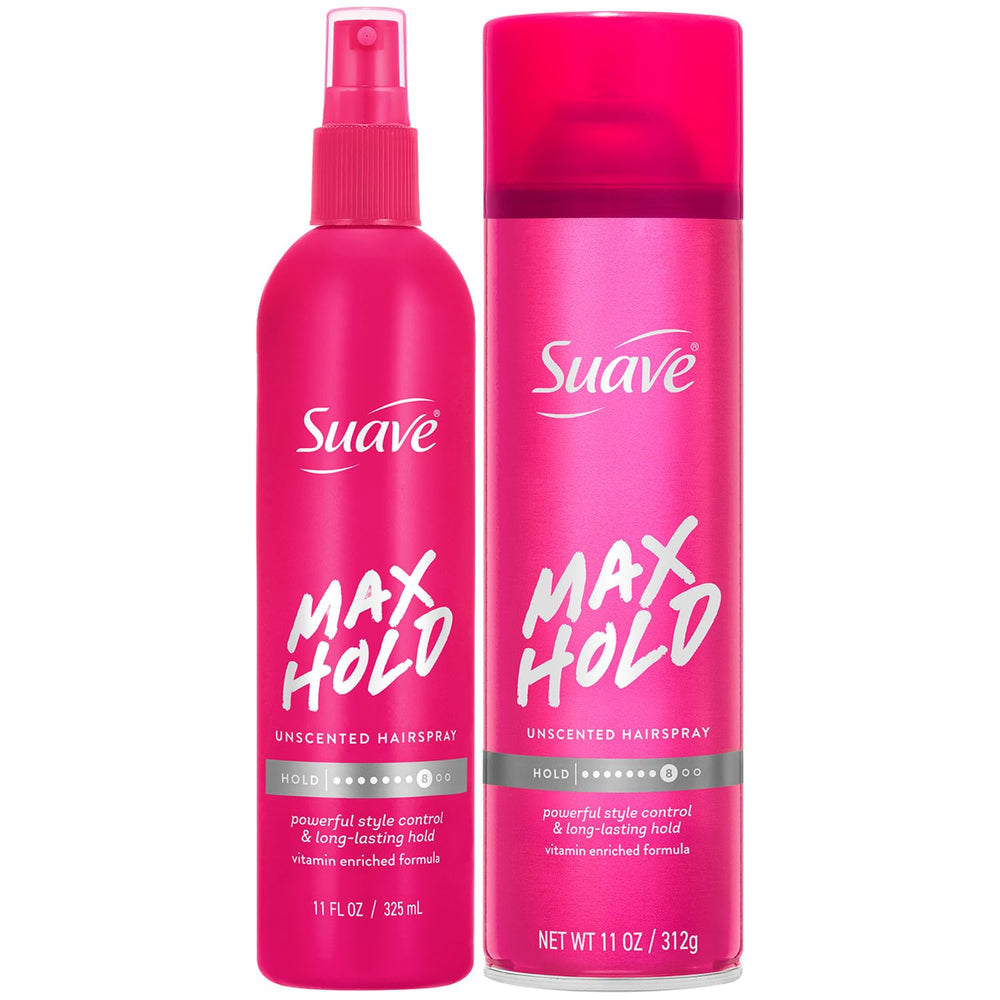 Suave Max Hold two‑pack front view showing both unscented bottles for versatile styling