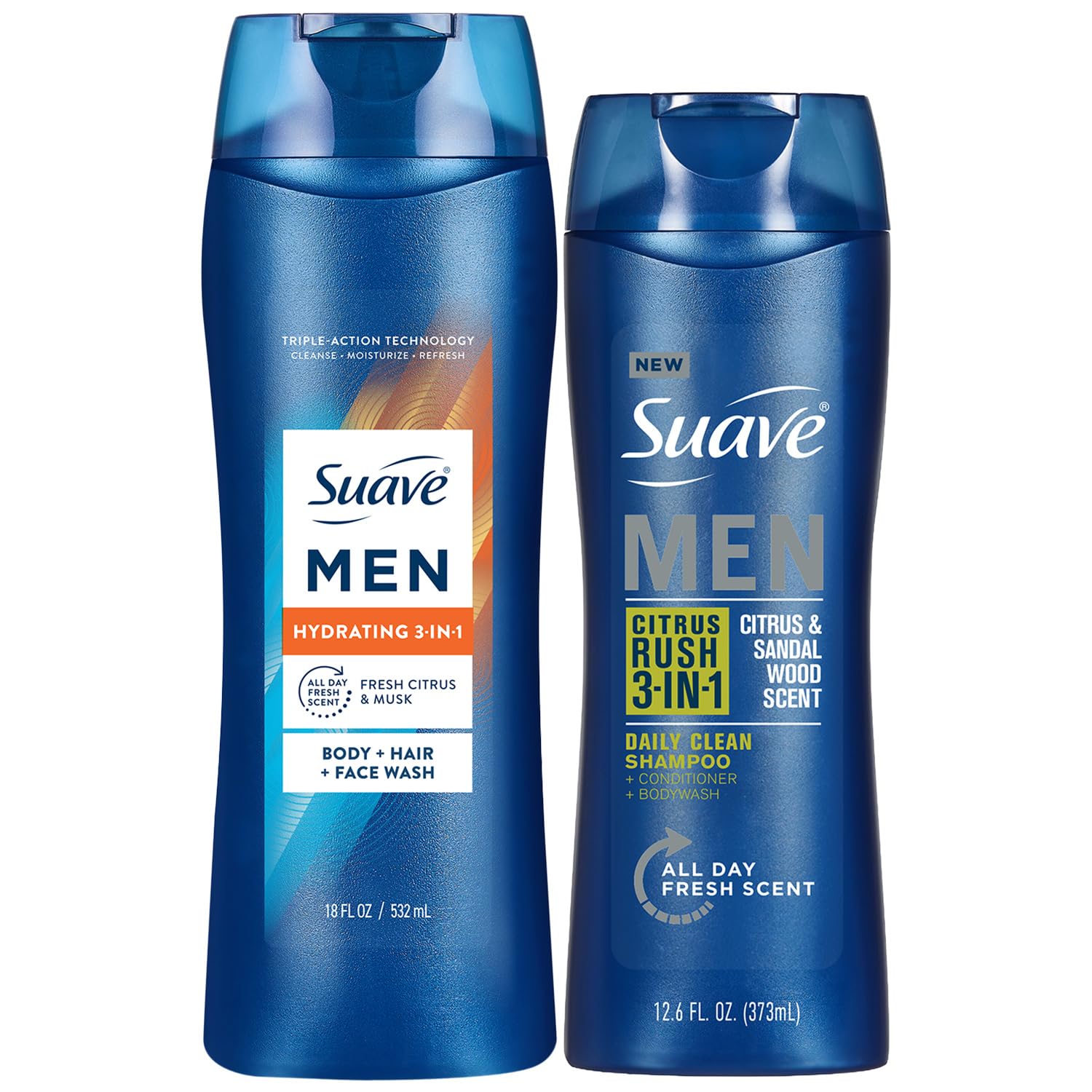 Suave men front packaging showing both 3-in-1 bottles for easy grooming