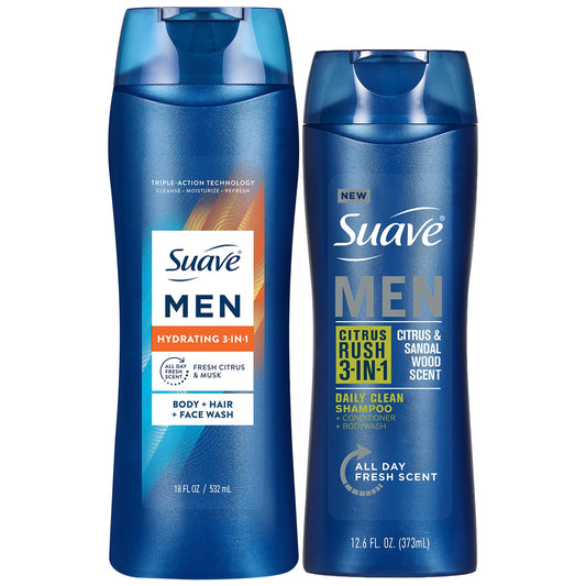 Suave men front packaging showing both 3-in-1 bottles for easy grooming