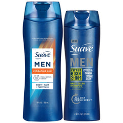 Suave men front packaging showing both 3-in-1 bottles for easy grooming