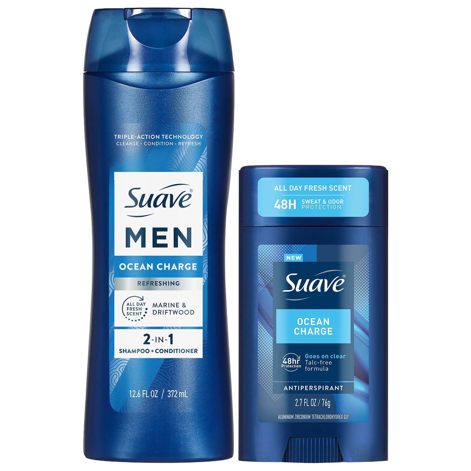 Suave front packaging of Ocean Charge set showing both products and branding benefit convenience