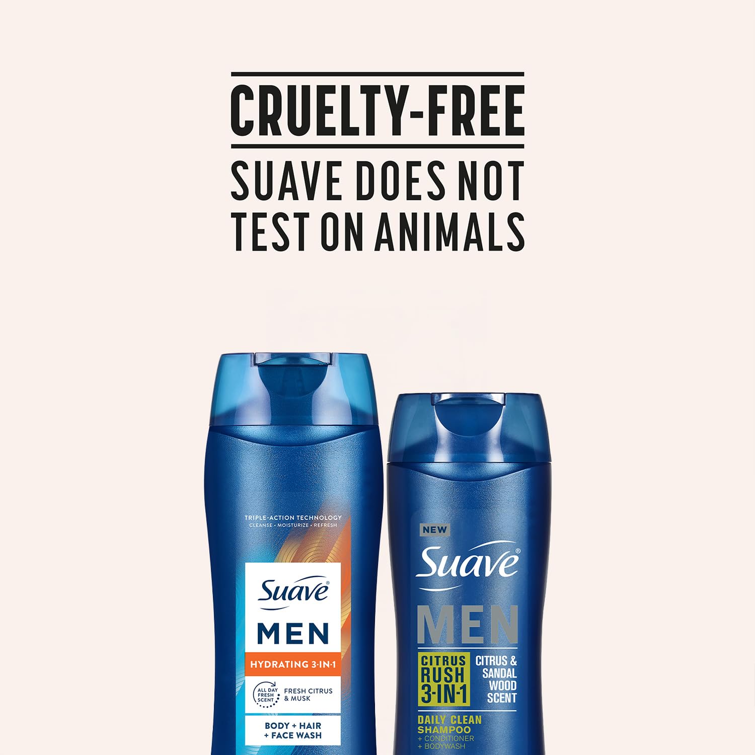 Size comparison in hand showing Suave men practical bottle dimensions