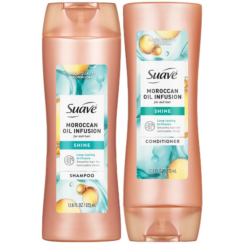 Suave bottle front packaging showing Moroccan oil shine benefits