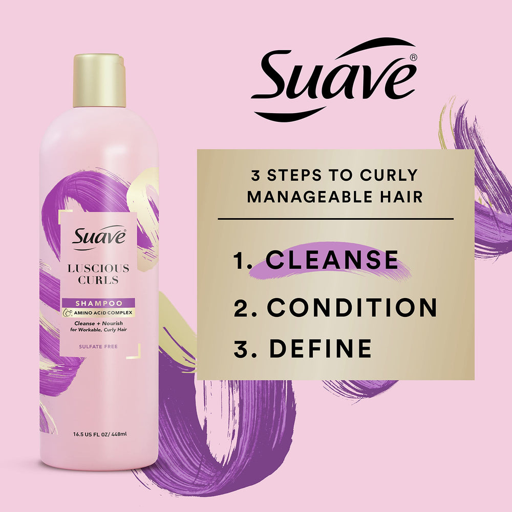 Suave pink luscious curls shampoo texture on palm highlighting creamy lather for gentle cleansing
