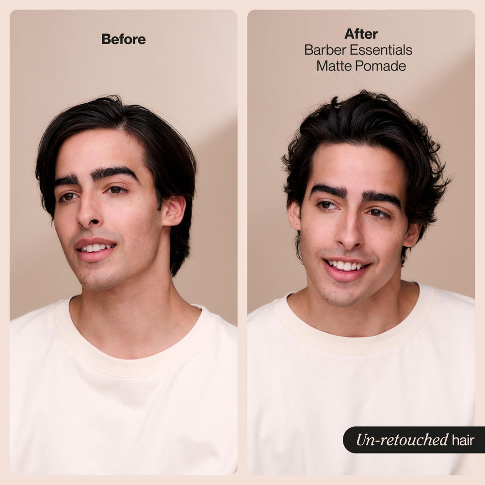 suave pomade on styled hair side view showing natural matte finish, frizz control benefit