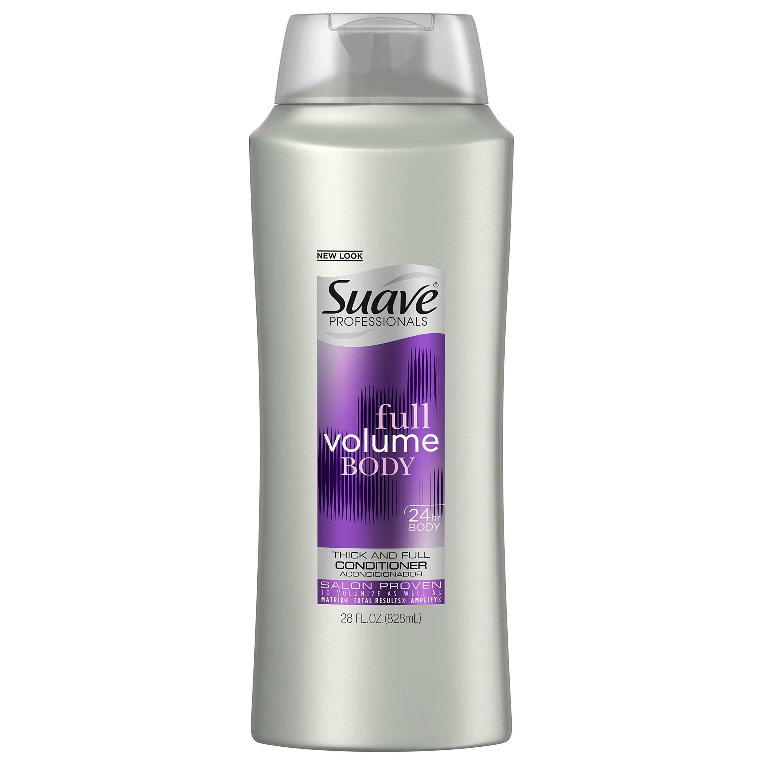 Suave bottle front view showing label and 28 fl oz size, highlighting value and salon-quality body