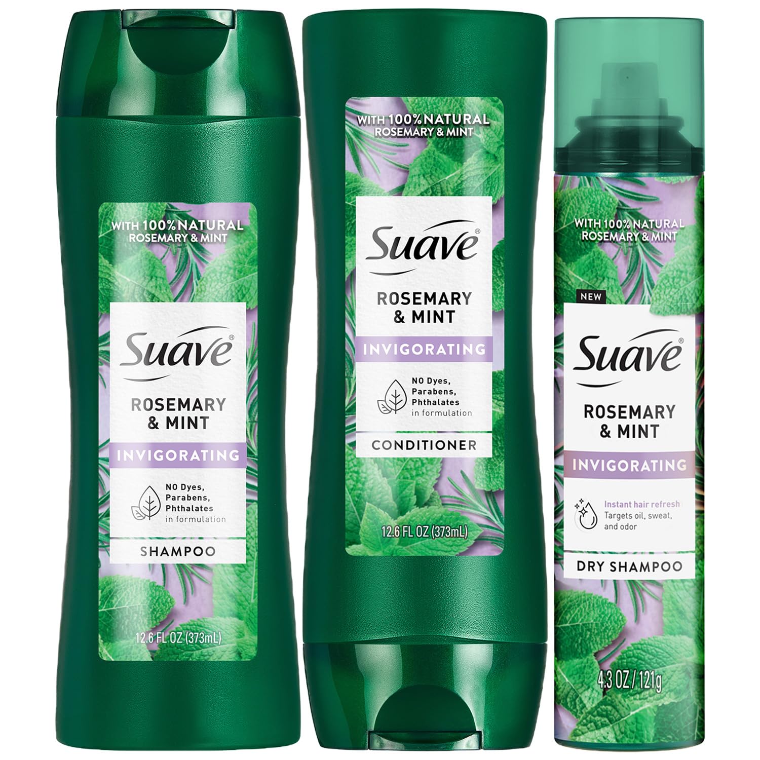 Suave front packaging showing shampoo conditioner and dry shampoo, fresh scent benefit