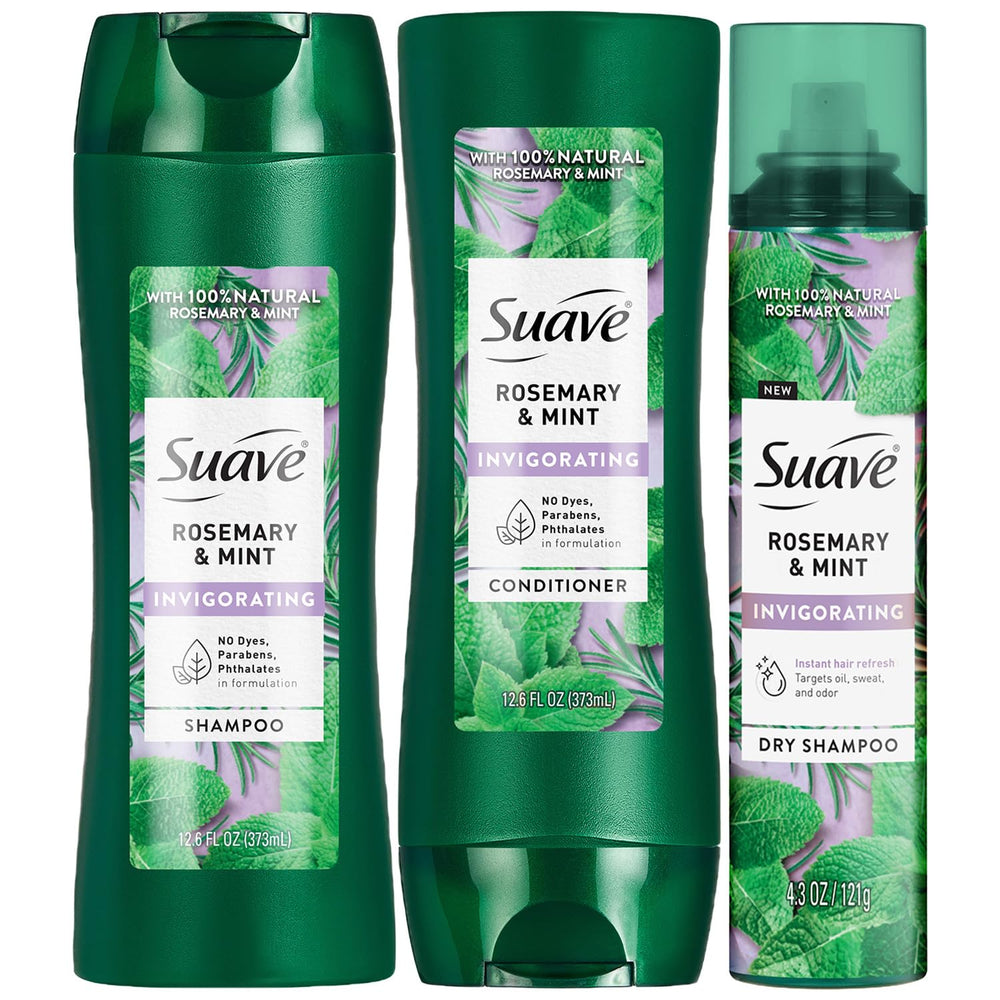 Suave front packaging showing shampoo conditioner and dry shampoo, fresh scent benefit