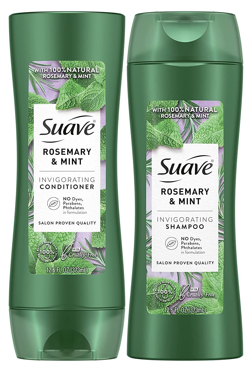 Suave Rosemary & Mint front bottles showing labels and recyclable packaging benefit: clear product identity