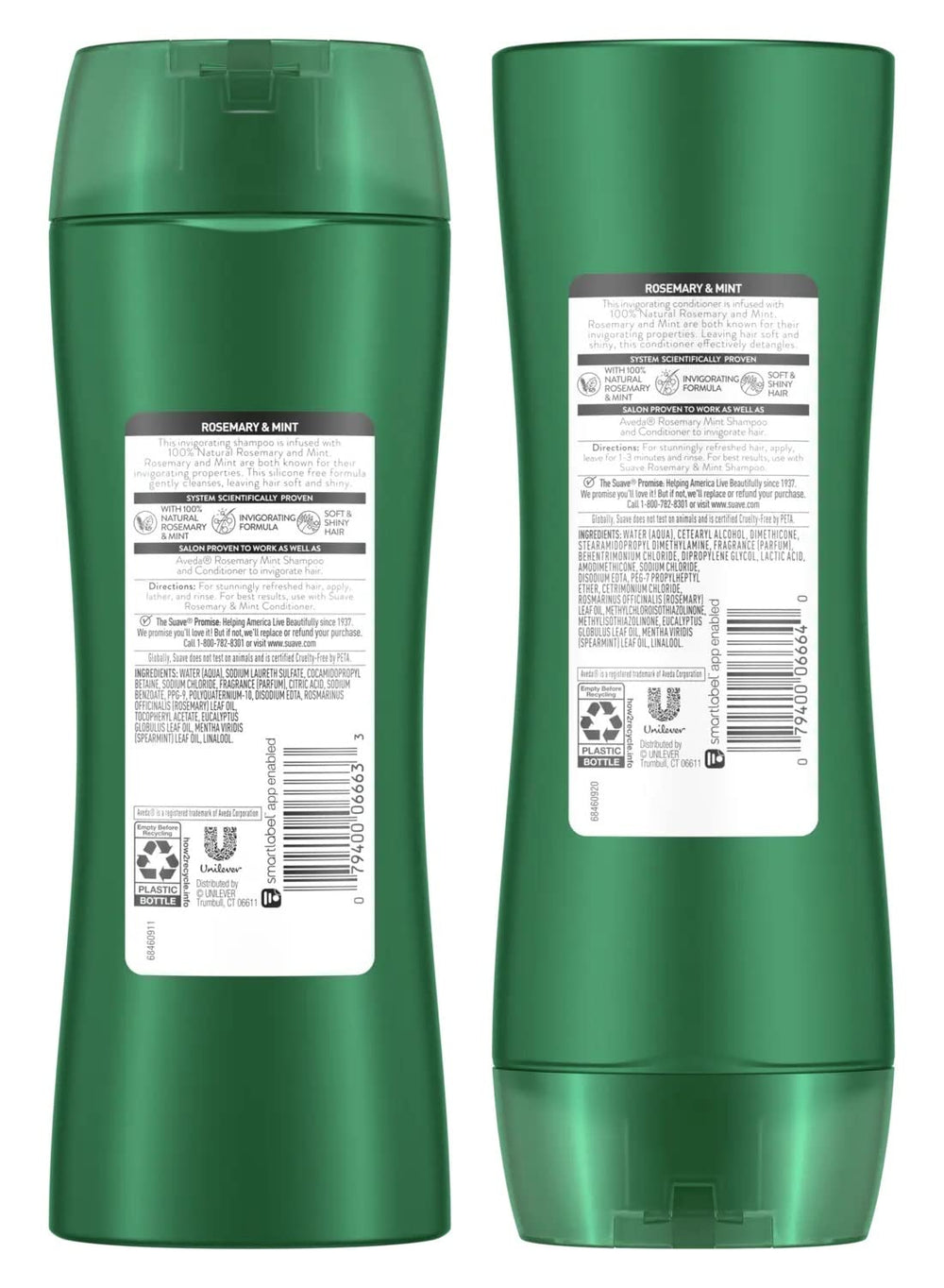 Suave Rosemary & Mint set on bathroom shelf in use showing fresh herbal scent and salon-like results