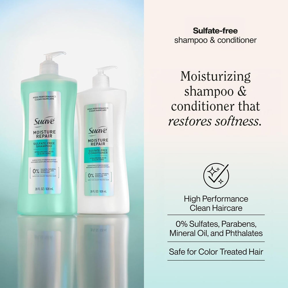 Suave shampoo pump close-up showing creamy texture and easy dispense benefit
