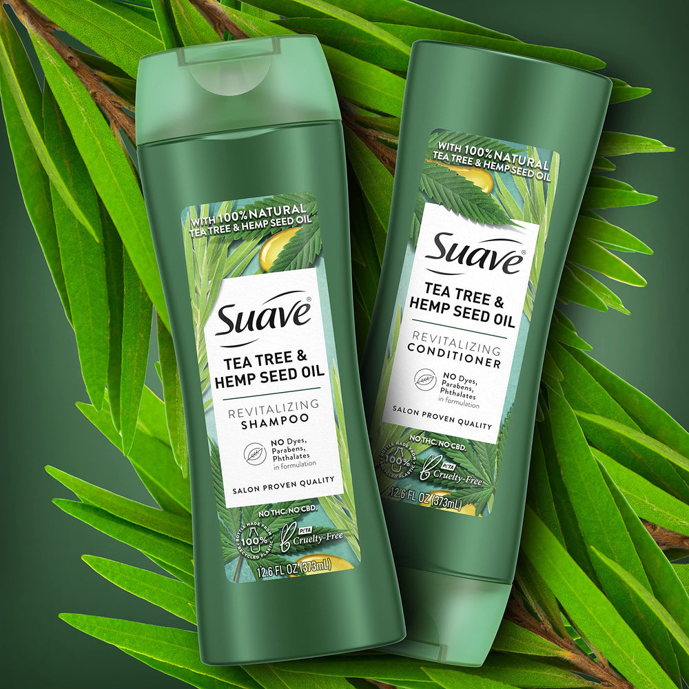 Suave tea tree hemp bottle back label with ingredients for informed choice