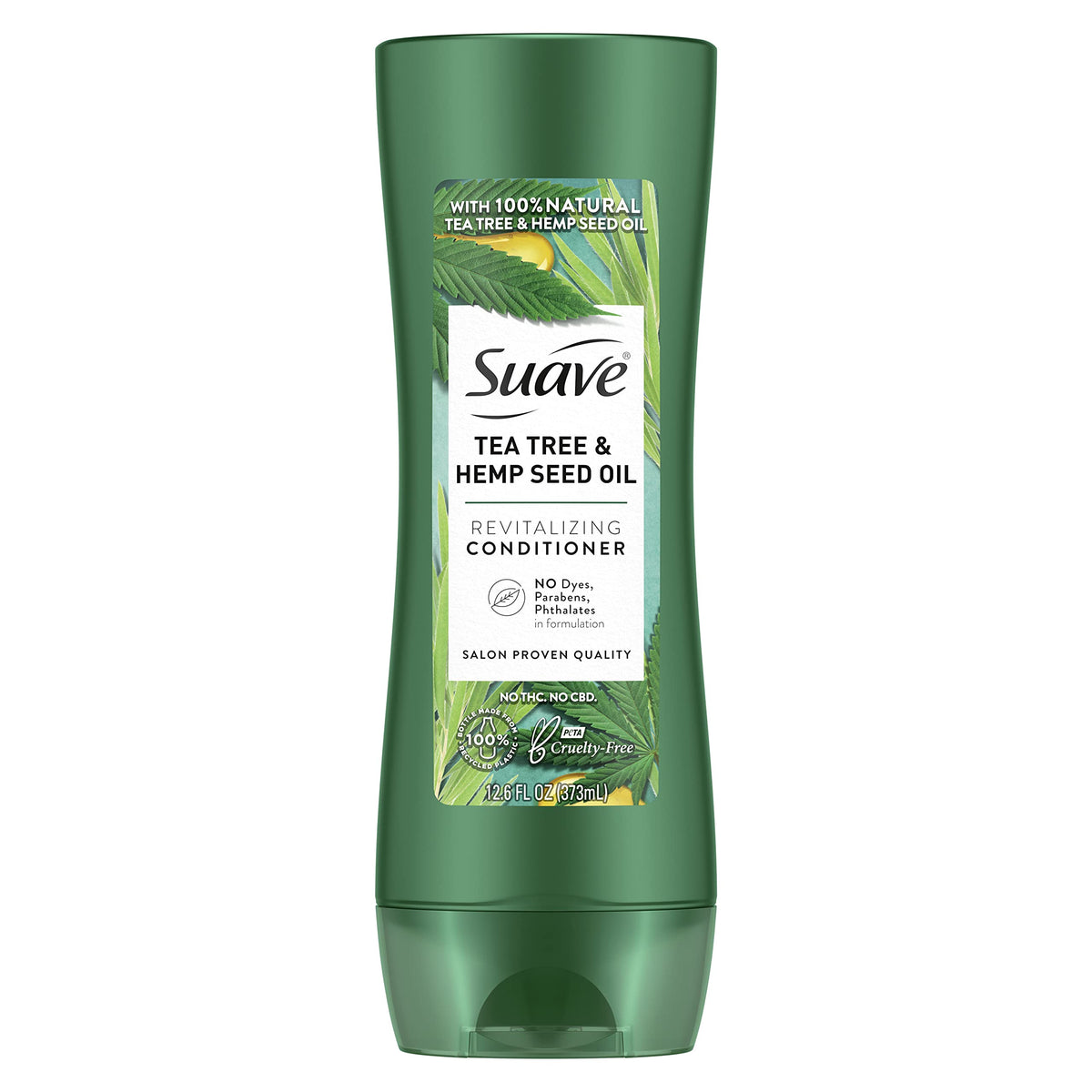 Suave tea tree hemp front packaging showing product and size benefits