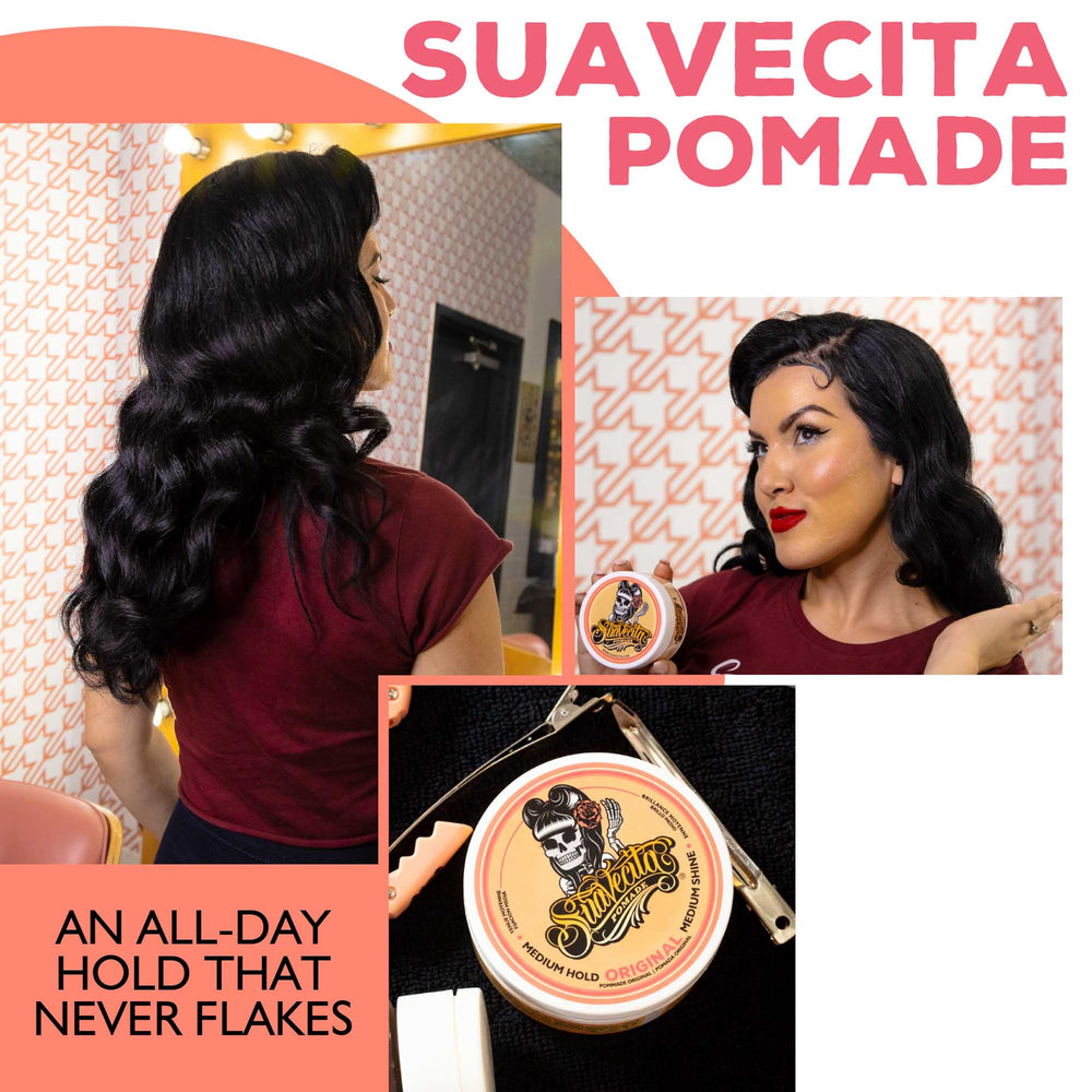 Close-up of a victory roll styled with Suavecita highlighting shape retention