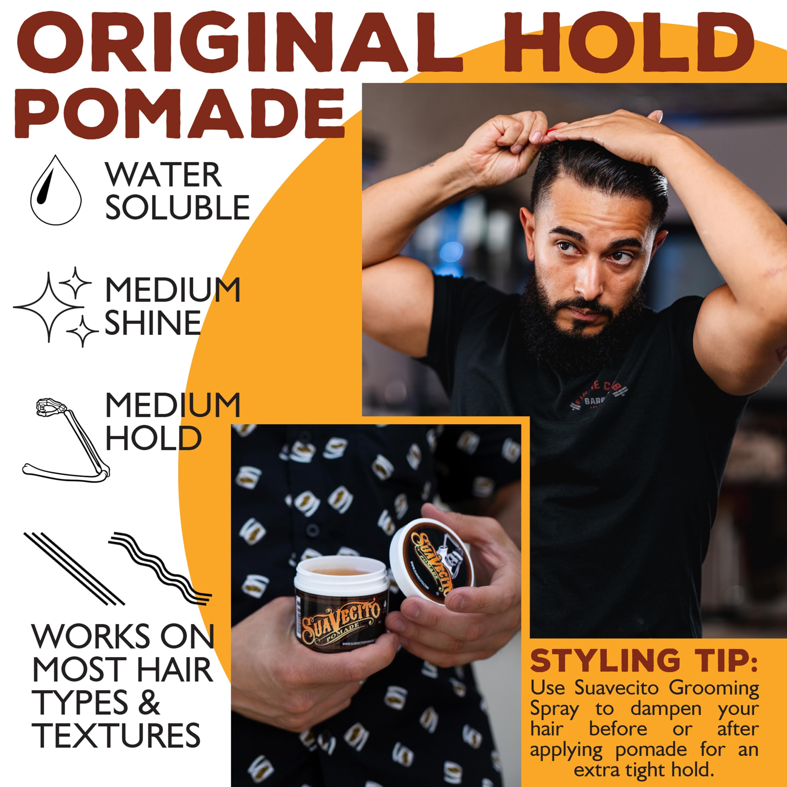 Styled pompadour finished with Suavecito showing defined shape and shine benefit