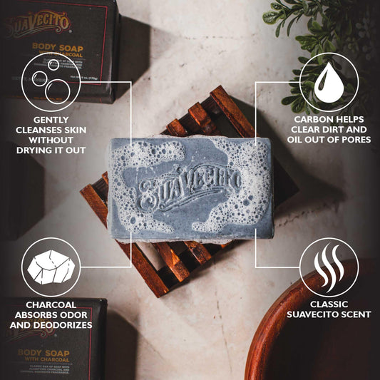 Suavecito close-up of charcoal texture inside bar, emphasizes detoxifying action