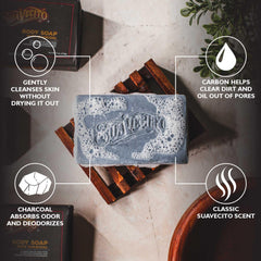 Suavecito close-up of charcoal texture inside bar, emphasizes detoxifying action