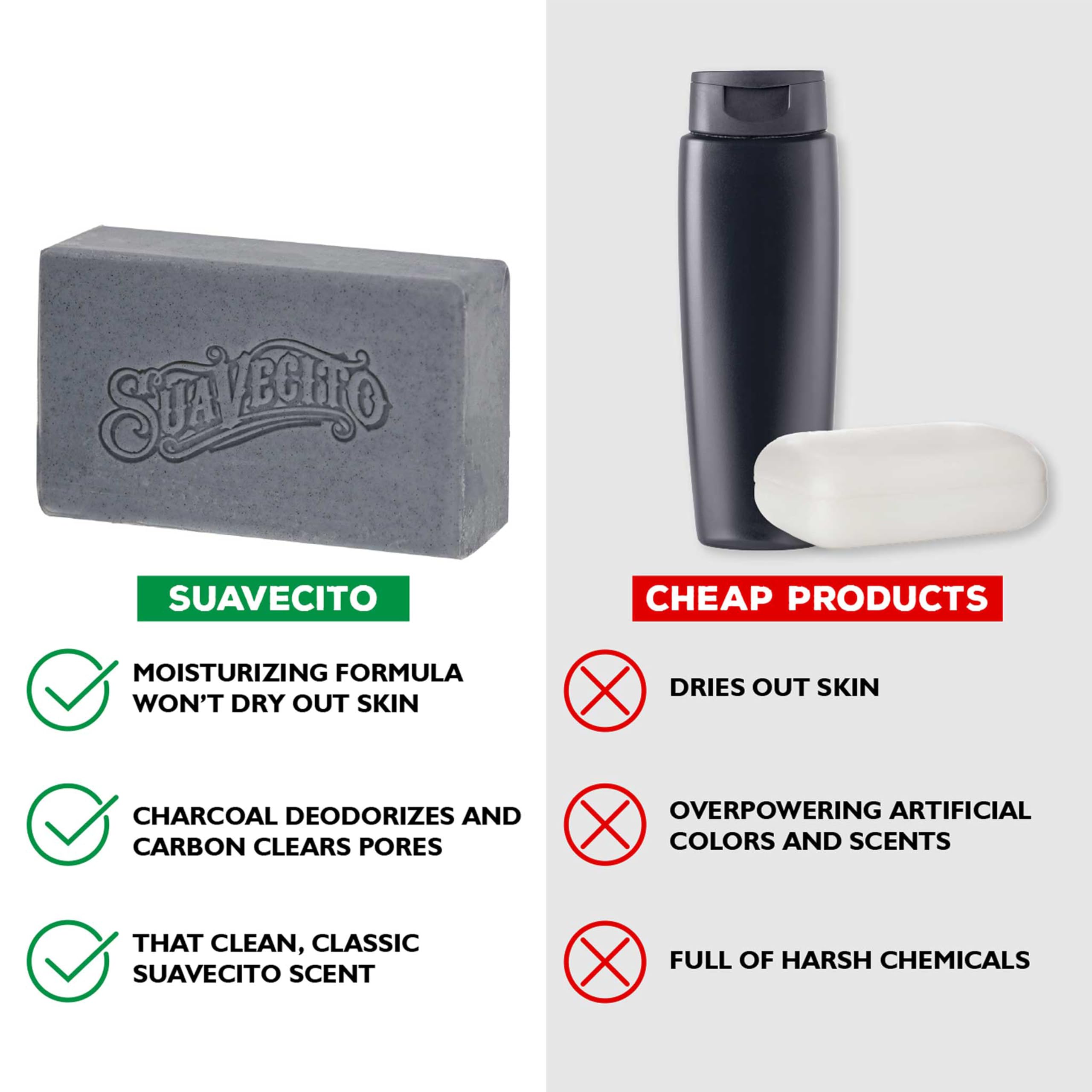 Suavecito bar producing rich lather in hand, demonstrates moisturizing cleansing