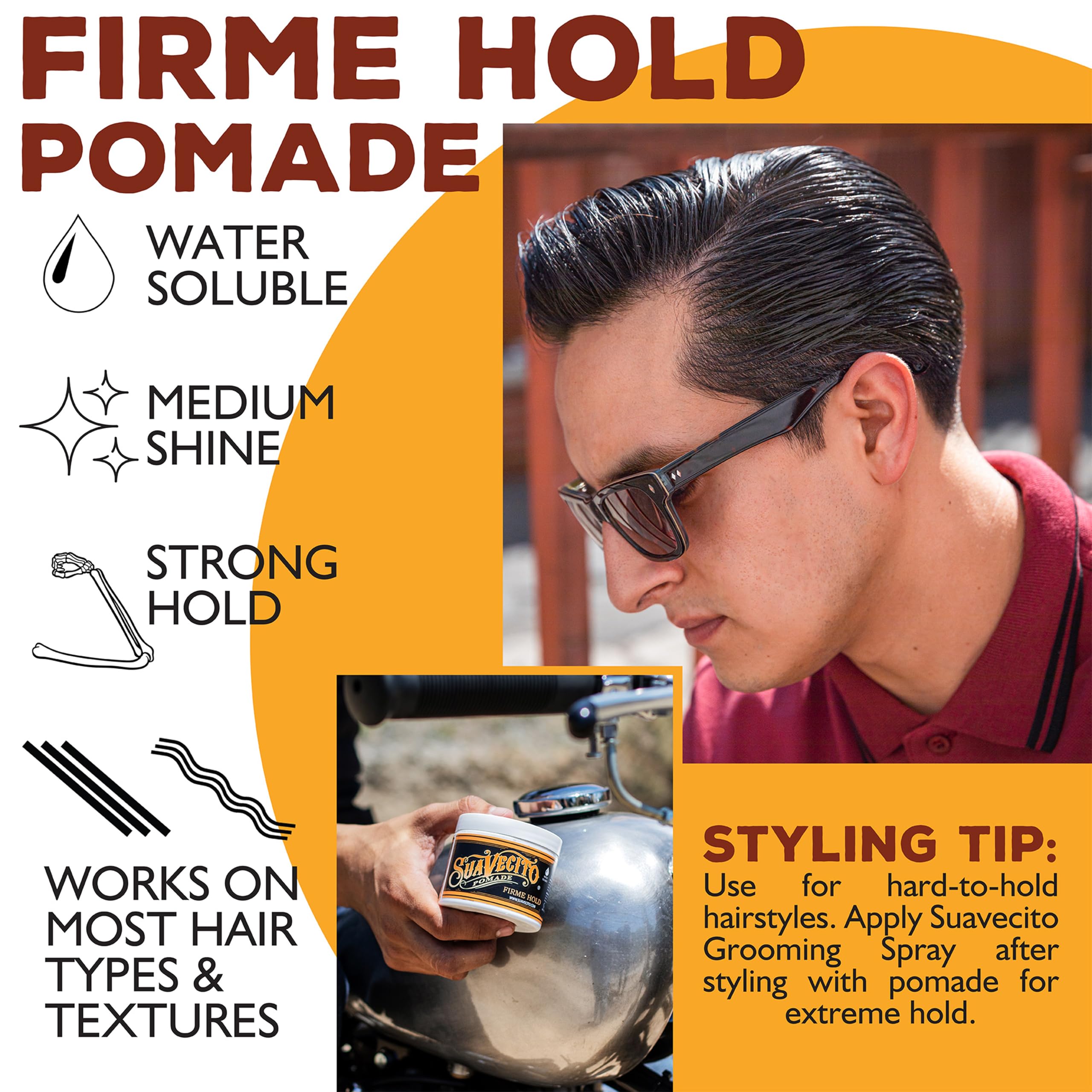 Suavecito styled slick back showing firm hold and medium shine benefit