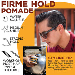 Suavecito styled slick back showing firm hold and medium shine benefit