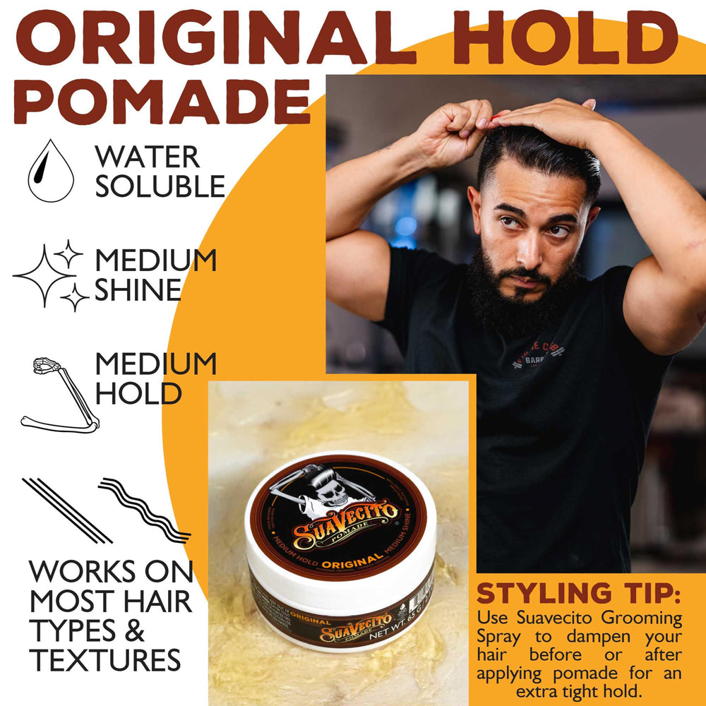 Suavecito combing through hair illustrating smooth distribution and hold