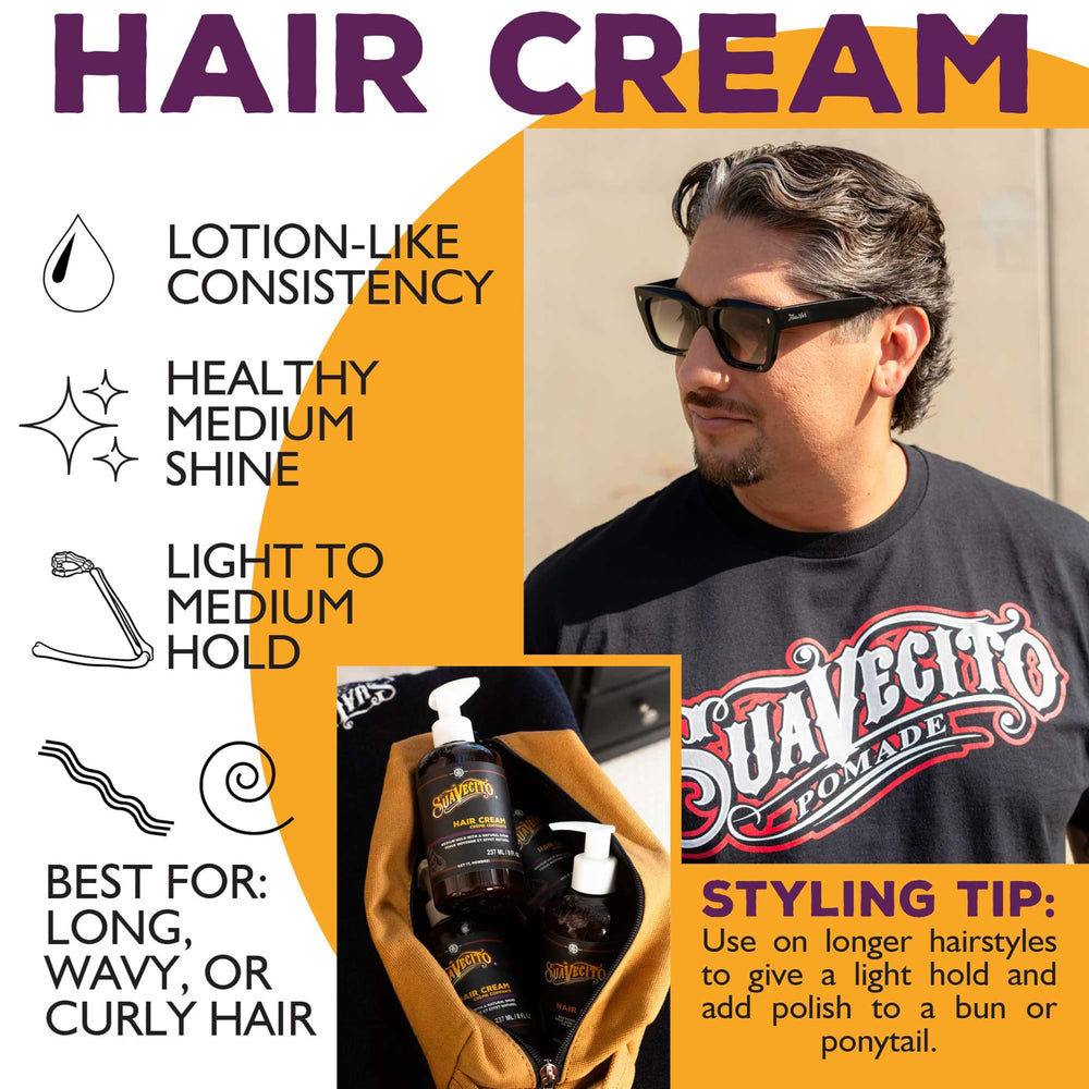Suavecito cream in hands being applied to hair for frizz control