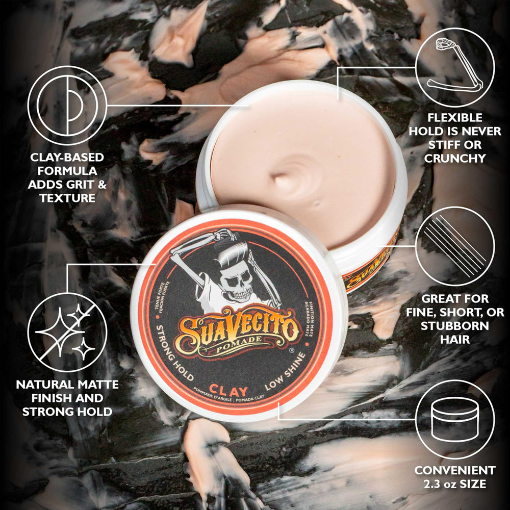 Suavecito clay texture close-up highlighting matte, workable consistency