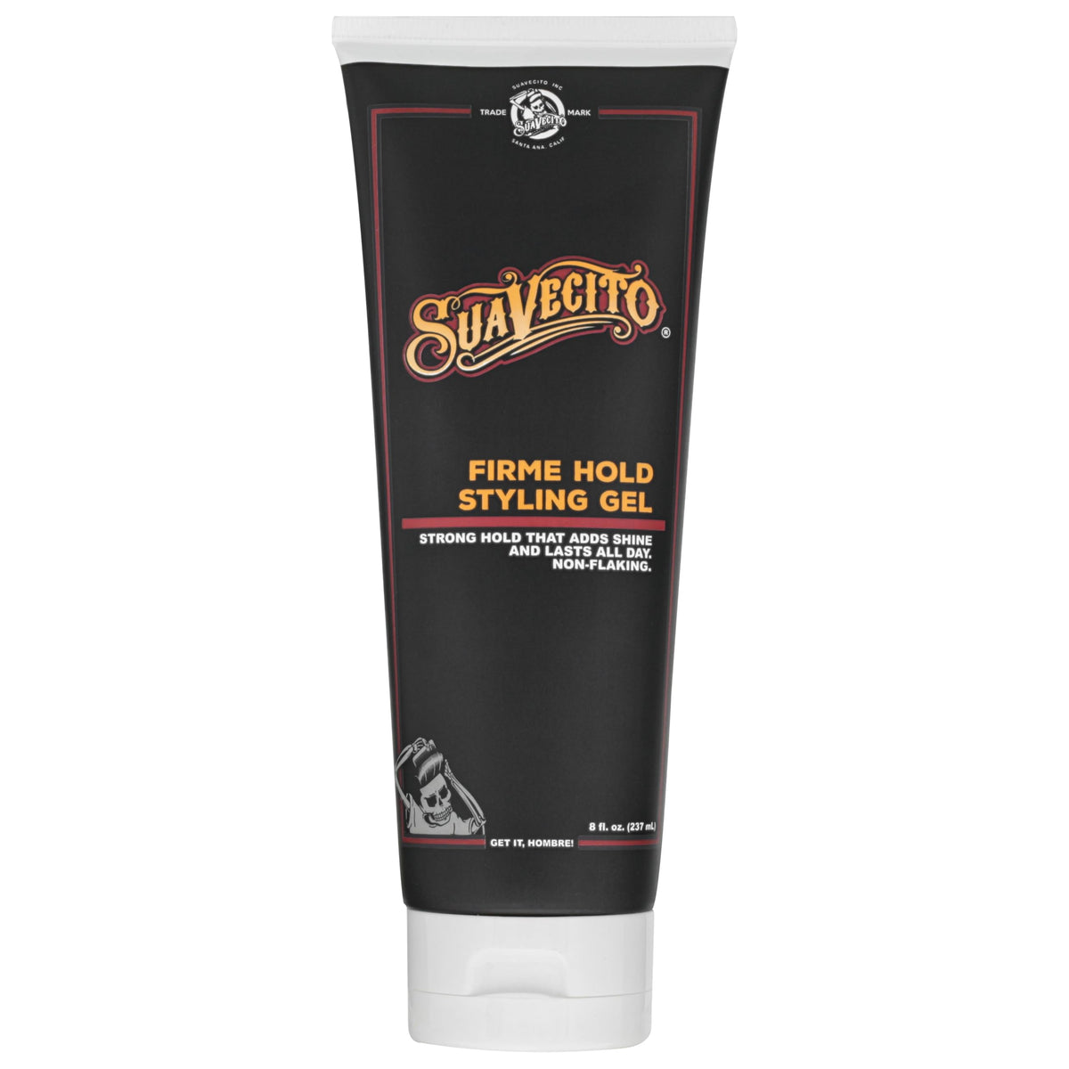 Suavecito Firme front tub showing brand and glossy gel benefit