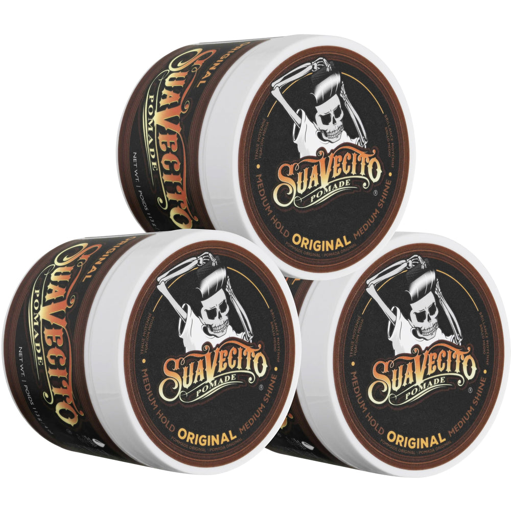 Suavecito front view of three 4oz jars showing packaging and brand hold benefit