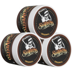 Suavecito front view of three 4oz jars showing packaging and brand hold benefit