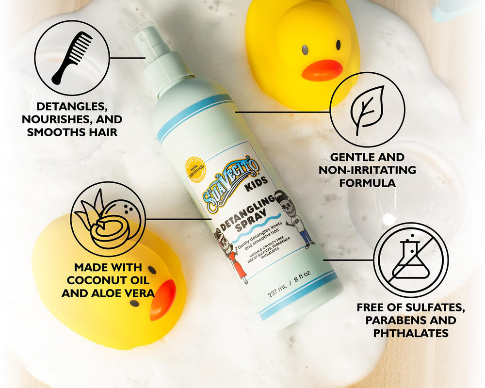 Suavecito spray used while combing child’s hair for easier styling