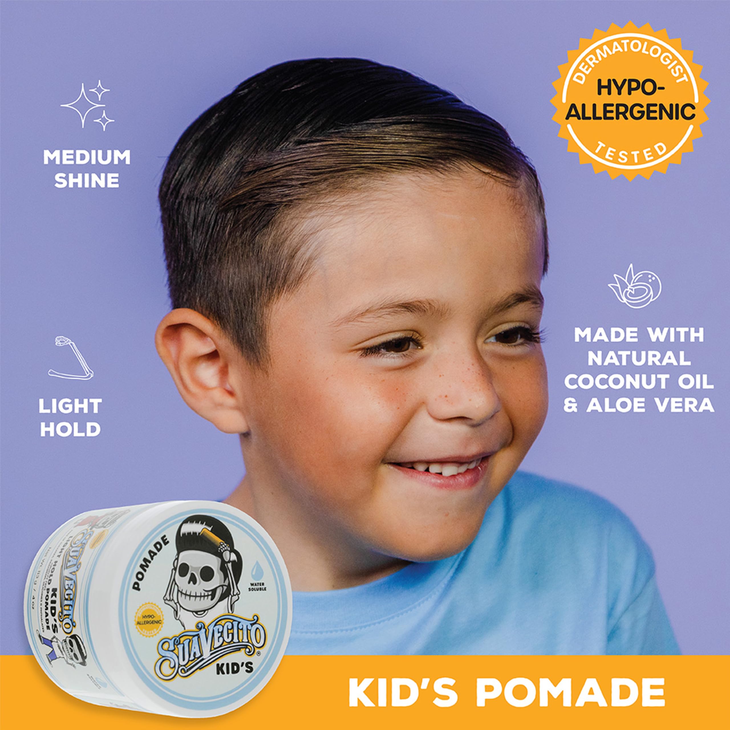 Child having hair styled with Suavecito showing gentle hold and movement