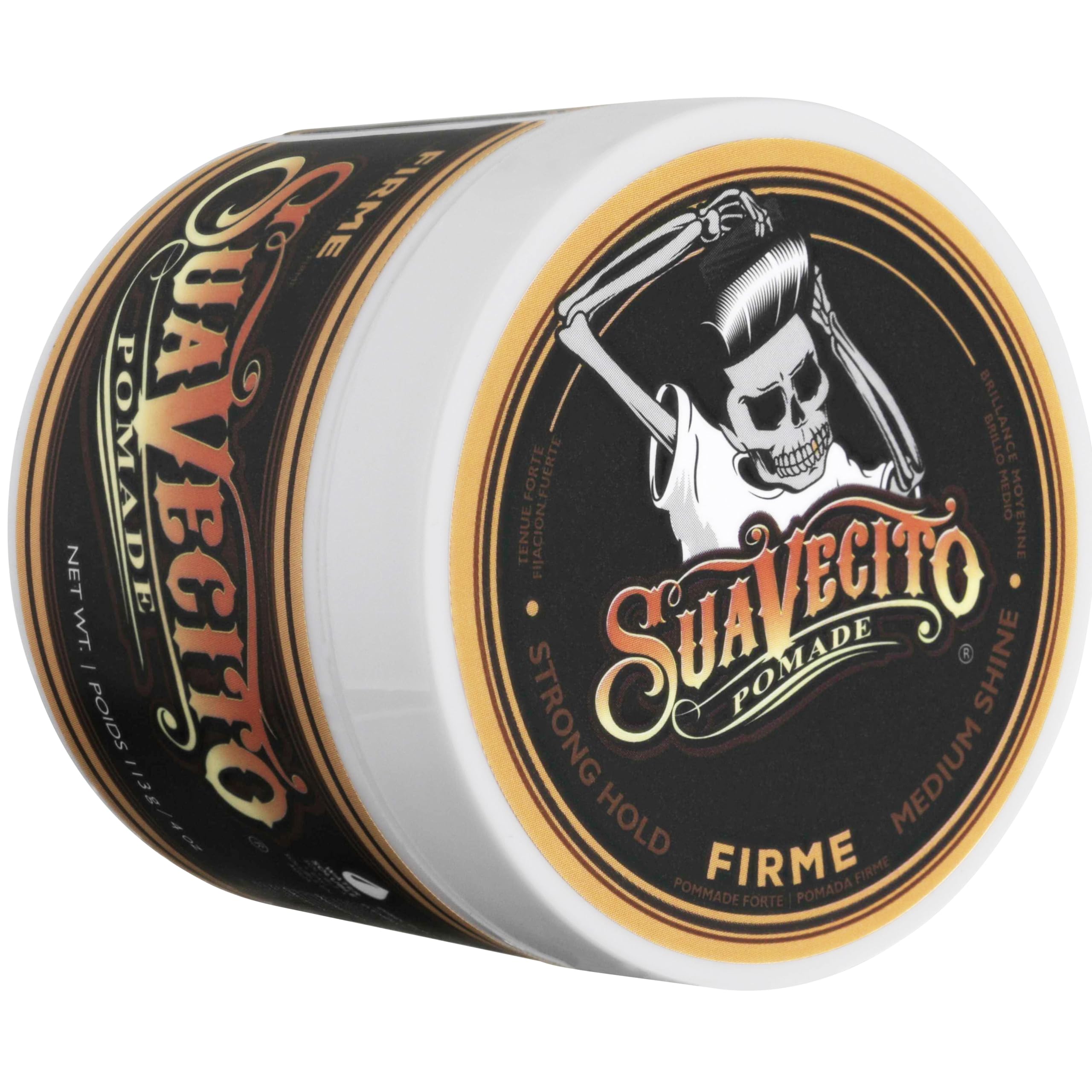 Close-up of Suavecito label showing American-made quality and scent