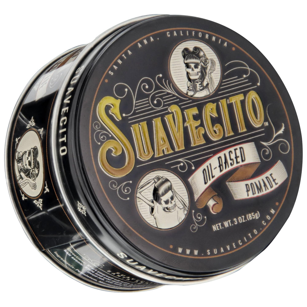 Close-up of Suavecito tin label highlighting original fragrance and product details