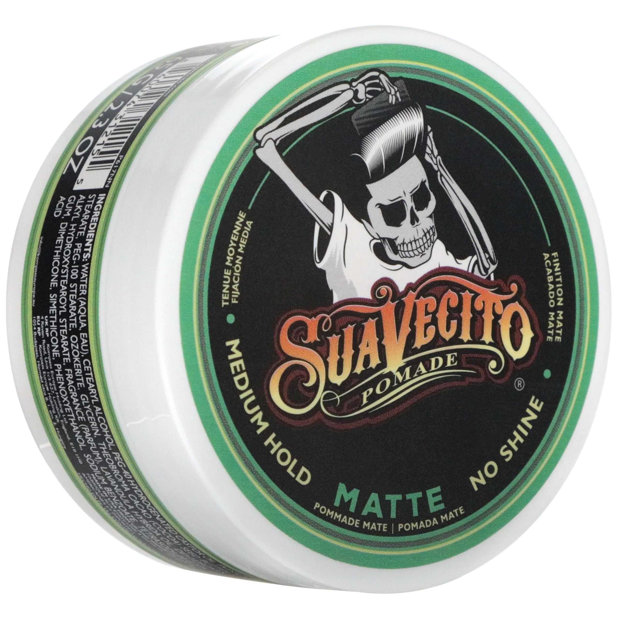 Suavecito matte pomade front packaging showing jar and label for style clarity