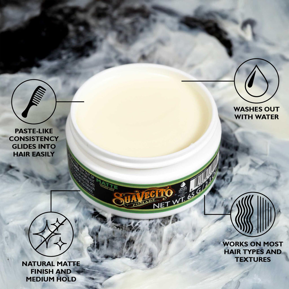 Suavecito matte pomade open jar displaying creamy texture for easy styling