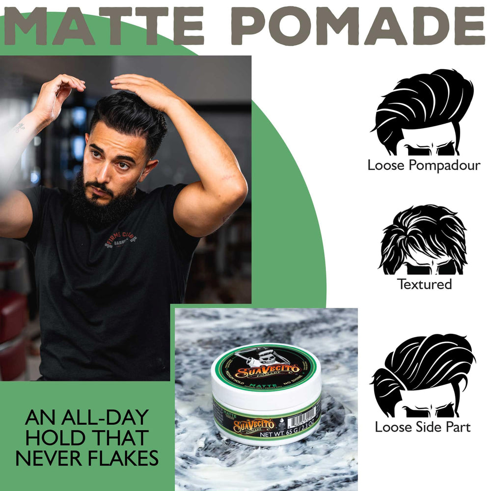 Man with side part styled using Suavecito matte pomade showing low‑shine finish