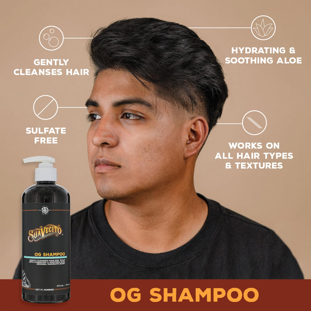 Suavecito OG shampoo label detail highlighting ingredients and sulfate-free benefit