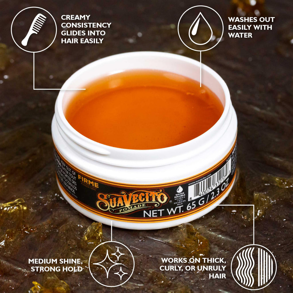 Suavecito open jar close-up showing creamy texture for easy combing