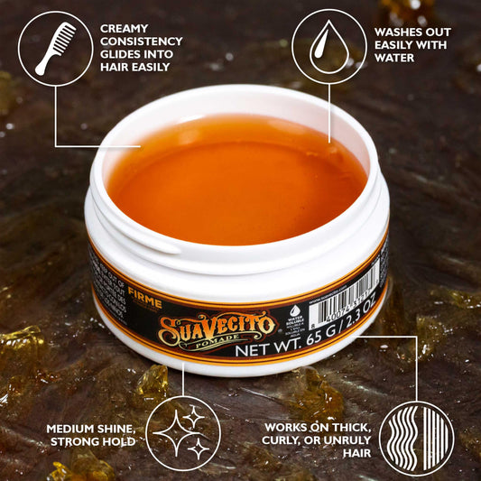 Suavecito open jar close-up showing creamy texture for easy combing