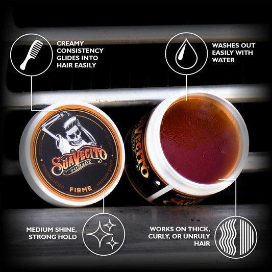Suavecito open tin texture close-up showing creamy wax-like formula benefit